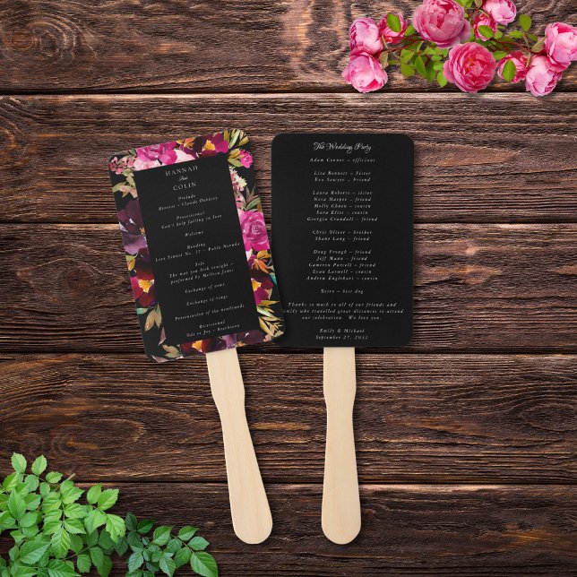 Elegant Black Burgundy Pink Floral Frame Program Hand Fan (Creator Uploaded)