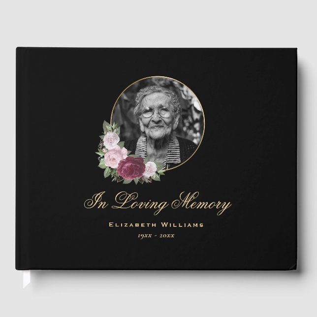 Elegant Black Burgundy Pink Floral Funeral Photo Guest Book (Front)