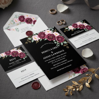 Elegant Black & Burgundy Pink Floral Wedding Invitation