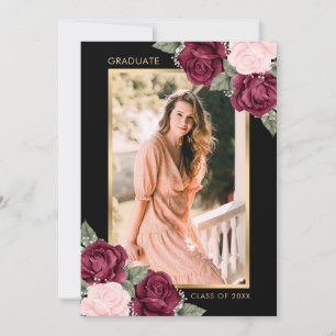 Elegant Black Burgundy Pink Gold Photo Graduation Announcement