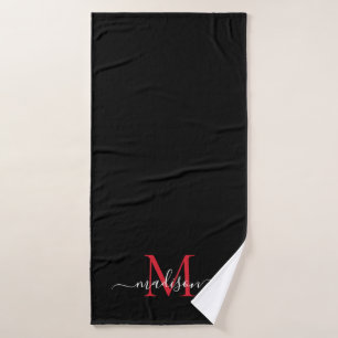 Elegant Black Burgundy Red Monogram Script Name Bath Towel