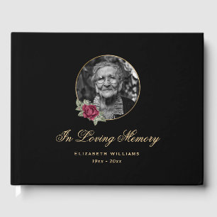 Elegant Black Burgundy Rose Floral Funeral Photo Guest Book