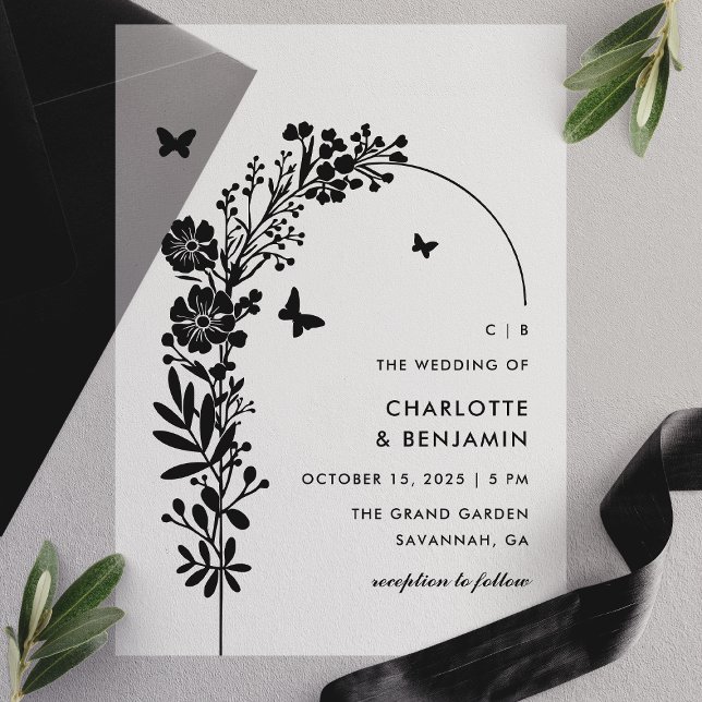 Elegant Black Butterfly Botanical Wedding  Vellum Invitations (Creator Uploaded)