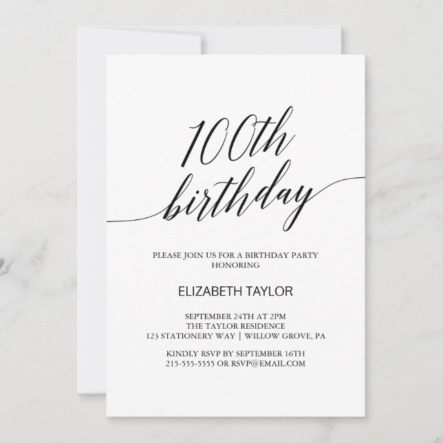 Elegant Black Calligraphy 100th Birthday Invitation (Front)