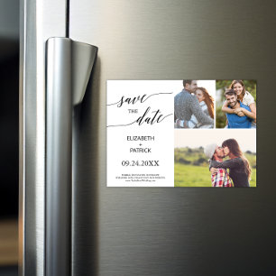 Elegant Black Calligraphy 3 Photo Save the Date Magnetic Invitation