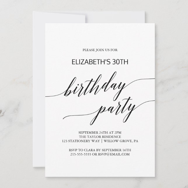 Elegant Black Calligraphy Birthday Party Invitation (Front)