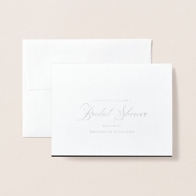 Elegant Black Calligraphy Bridal Shower Silver  Foil Card (Front With Envelope)