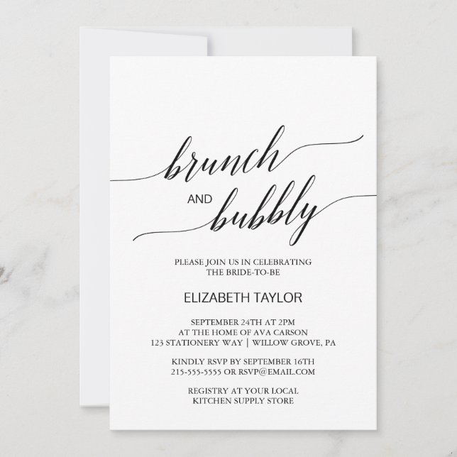 Elegant Black Calligraphy Brunch and Bubbly Invitation (Front)