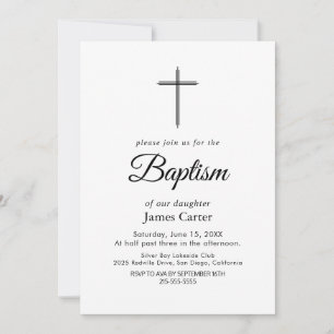 Elegant Black Calligraphy Cream Cross Baptism  Invitation