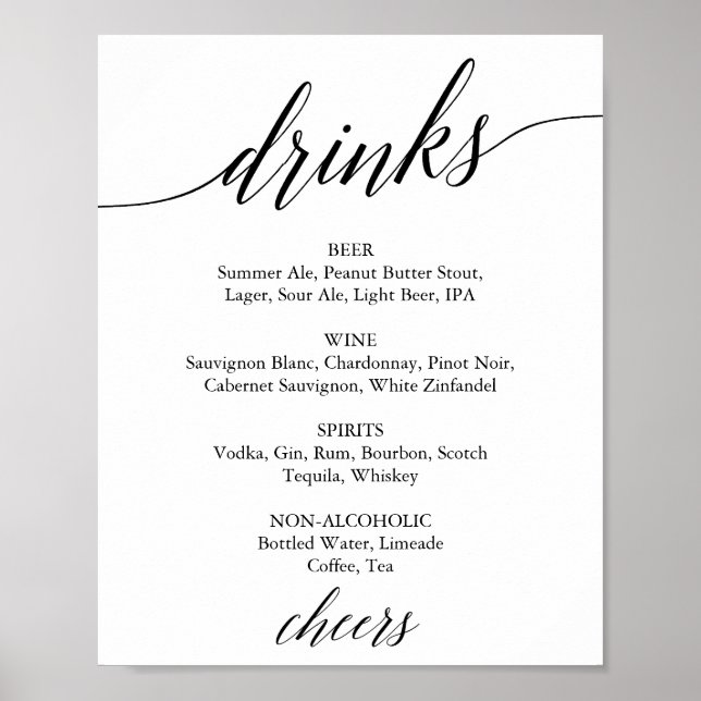 Elegant Black Calligraphy Drink Menu Sign (Front)