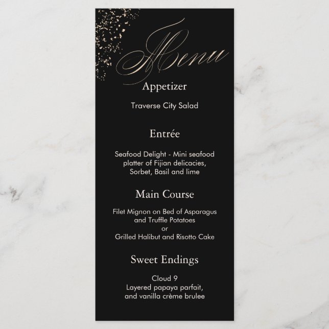 Elegant Black Calligraphy Faux Gold Script Menu (Front)