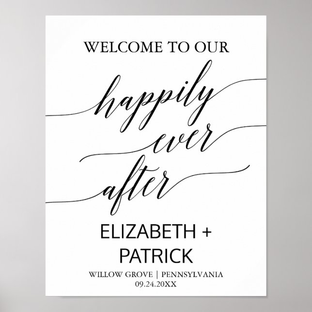 Elegant Black Calligraphy Happily Ever After Sign (Front)