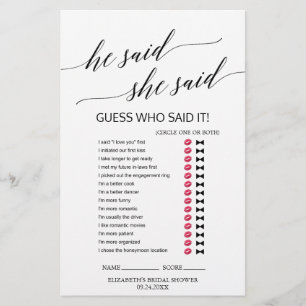 Elegant Black Calligraphy "He Said She Said" Game