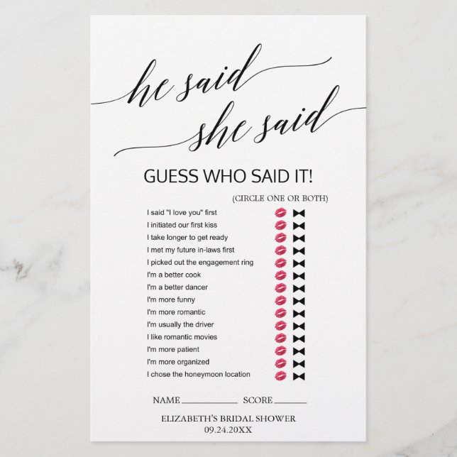 Elegant Black Calligraphy "He Said She Said" Game (Front)