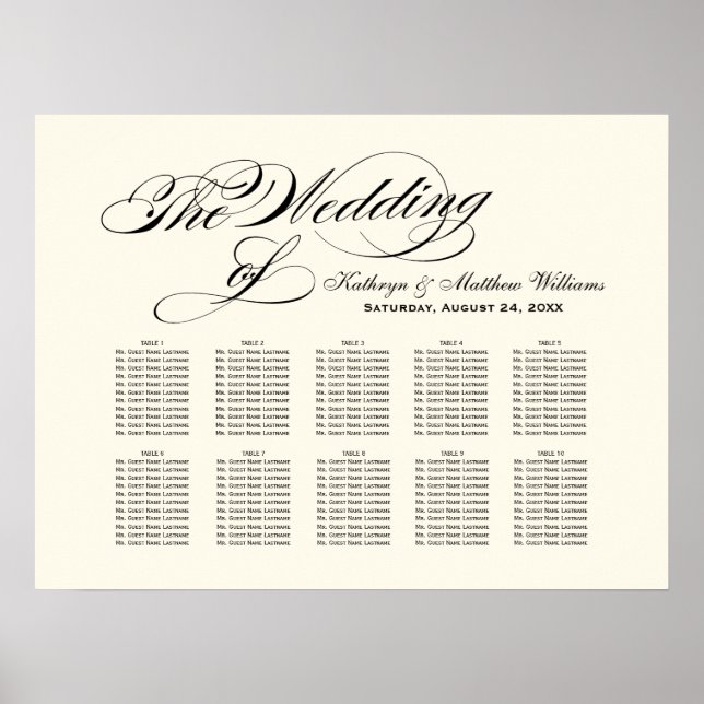Elegant Black Calligraphy Ivory Wedding Seating Poster (Front)