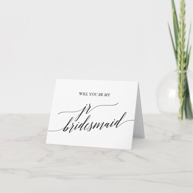 Elegant Black Calligraphy Jr Bridesmaid Proposal Card (Front)