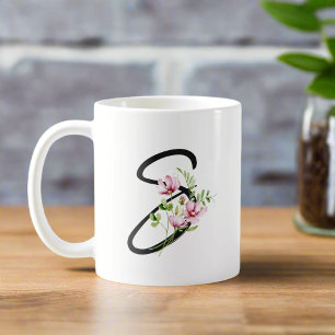 Elegant Black Calligraphy Letter "S" Floral  Coffee Mug