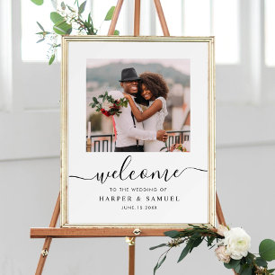 Elegant Black Calligraphy Photo Wedding Welcome Poster