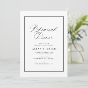 Elegant black calligraphy rehearsal dinner invitation