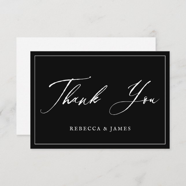 Elegant Black Calligraphy Script Frame Wedding Thank You Card (Front/Back)