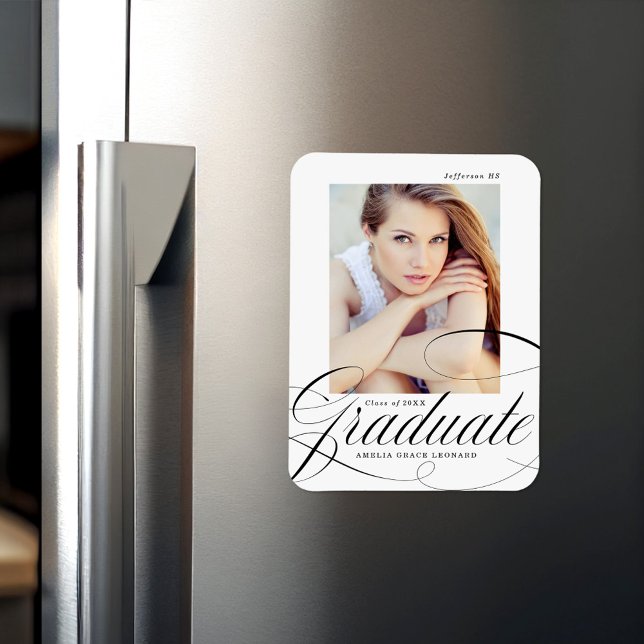 Elegant Black Calligraphy Script Photo Graduation Magnet (Creator Uploaded)