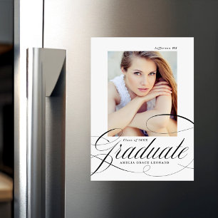 Elegant Black Calligraphy Script Photo Graduation Magnetic Invitation