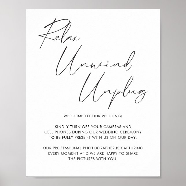 Elegant Black Calligraphy Script Unplugged Wedding Poster (Front)