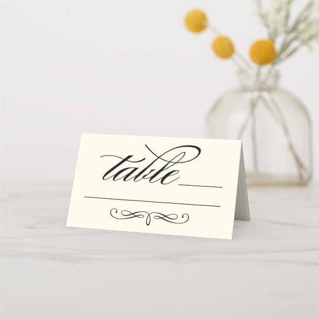 Elegant Black Calligraphy Script Wedding Table Place Card (Front)