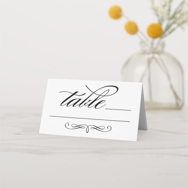 Elegant Black Calligraphy Script White Wedding Place Card (Front)