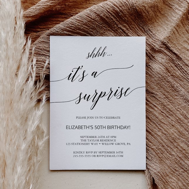 Elegant Black Calligraphy Surprise Party Invitation (Creator Uploaded)