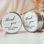 Elegant Black Calligraphy Thank You Wedding Favour Classic Round Sticker<br><div class="desc">These elegant white and black calligraphy thank you favour stickers are perfect for a simple wedding. The neutral design features a minimalist sticker decorated with romantic and whimsical typography. Personalise the sticker labels with your names, the event (if applicable), and the date. These stickers can be used for a wedding...</div>