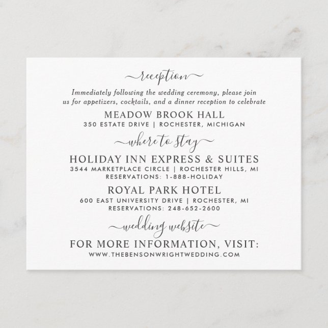 Elegant Black Calligraphy Wedding Information Enclosure Card (Front)
