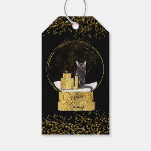 Elegant Black Cat and Gold Snow Globe Gift Tag