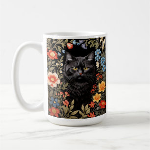 Elegant Black Cat Colorful Floral Coffee Mug