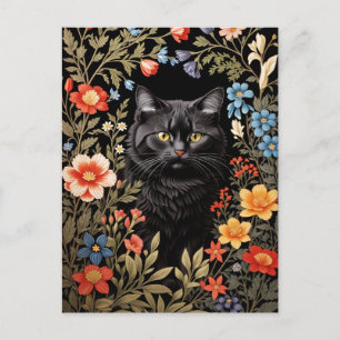 Elegant Black Cat Colorful Floral Postcard