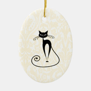 Elegant black cat damask vintage ceramic tree decoration