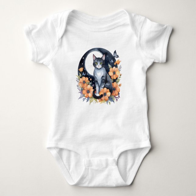 Elegant Black Cat Floral Moon Art Cat Lover Baby Bodysuit (Front)