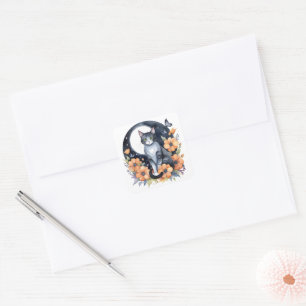 Elegant Black Cat Floral Moon Art Cat Lover Square Sticker
