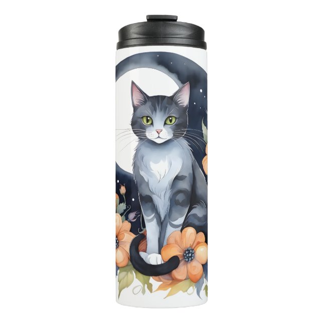 Elegant Black Cat Floral Moon Art Cat Lover Thermal Tumbler (Front)