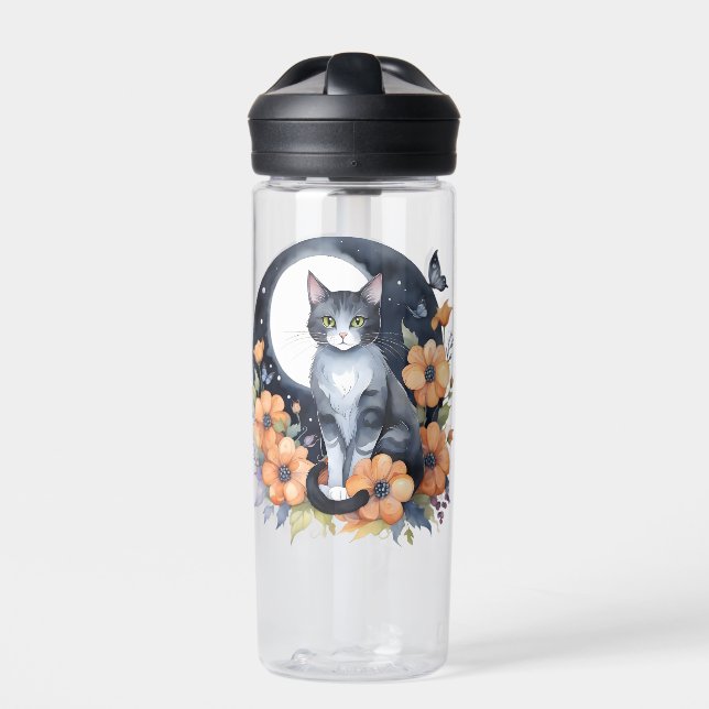 Elegant Black Cat Floral Moon Art Cat Lover Water Bottle (Front)