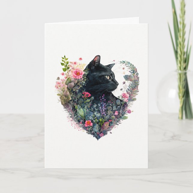 Elegant Black Cat in Mixed Flowers Valentine's Day Holiday Card (Front)