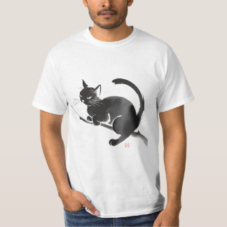 Elegant Black Cat Ink Painting T-Shirt