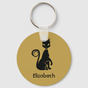Elegant Black Cat on Gold Background Personalised Key Ring