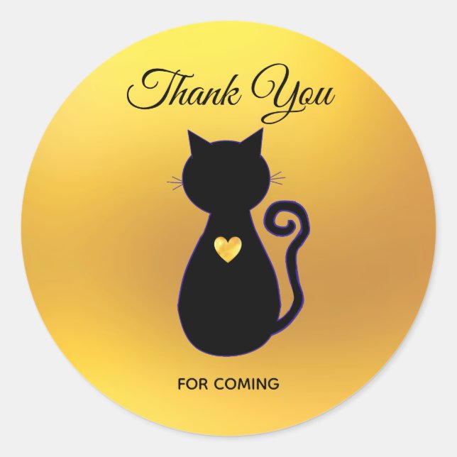 Elegant Black Cat Silhouette on Gold Thank You Classic Round Sticker (Front)
