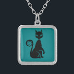 Elegant Black Cat Silver Plated Necklace<br><div class="desc">Elegant black cat posing with one paw raised. Has a cute curly tail and is wearing a fancy choker.</div>