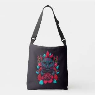 Elegant Black Cat Surrounded by Red Roses   Crossbody Bag