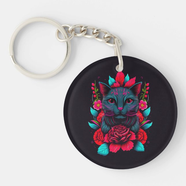 Elegant Black Cat Surrounded by Red Roses | Key Ring (Front)