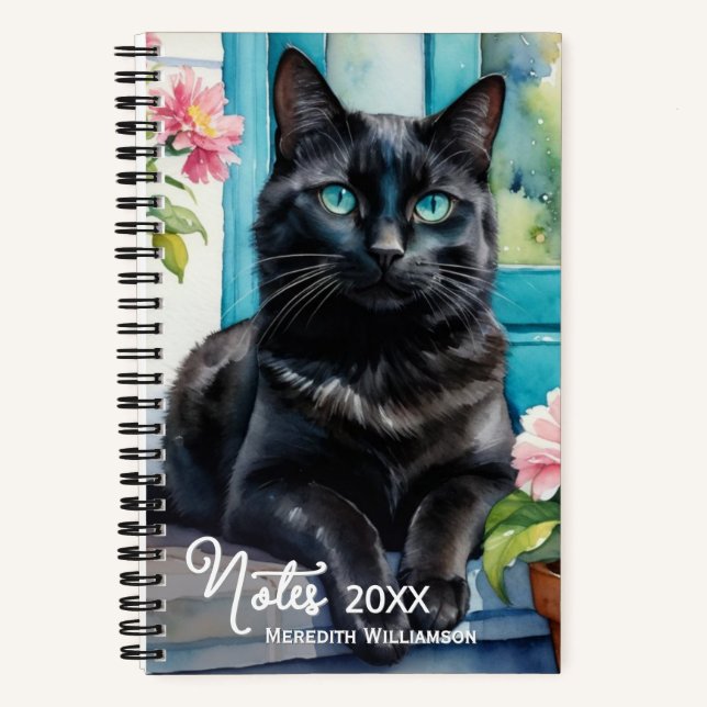 Elegant Black Cat Watercolor Art Personalised Notebook (Front)