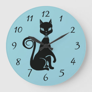 Elegant Black Cat with a raised Paw Large Clock