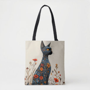 🐈‍⬛ Elegant Black Cat With Flowers Aesthetic Tote Bag